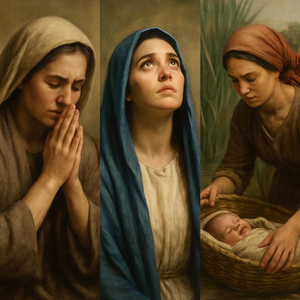 Illustration of Hannah praying, Mary receiving God’s message, and Jochebed placing baby Moses in a basket, symbolizing mothers rising in purpose.
