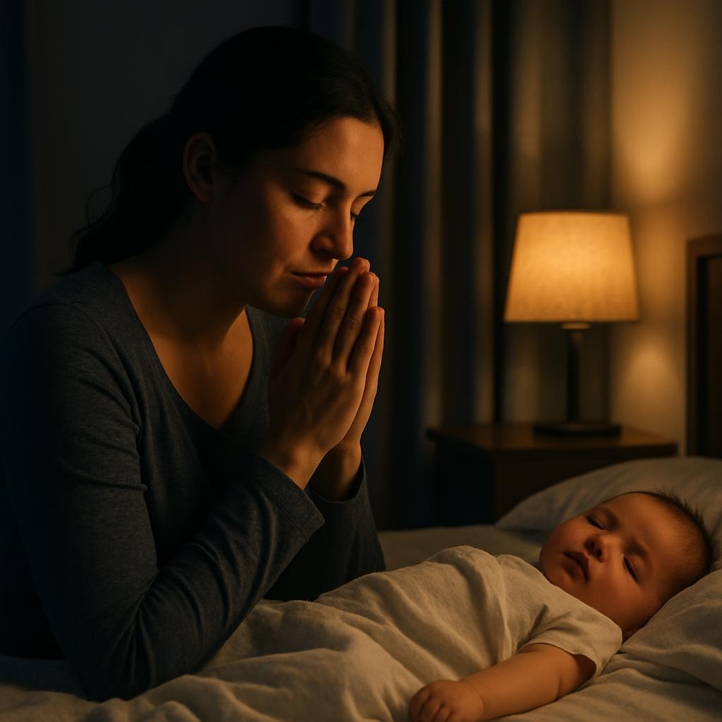 Praying mother at night trusting God with her children
