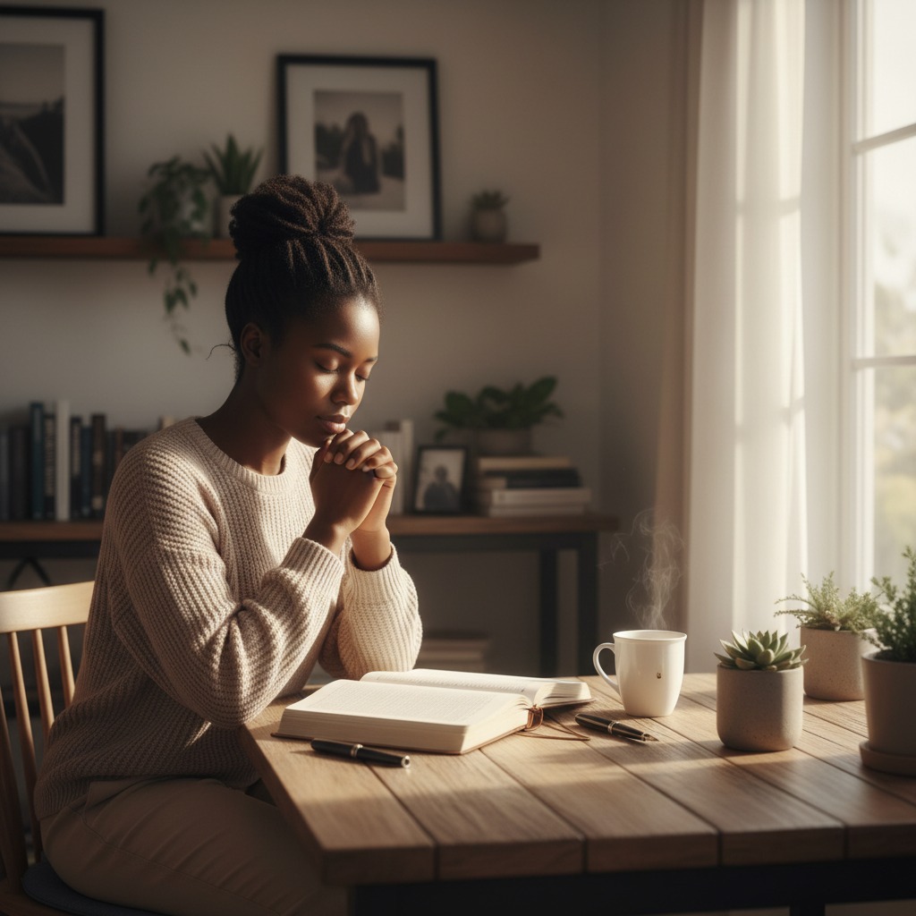 Christian woman praying during quiet time while reconnecting with God and rediscovering purpose.
