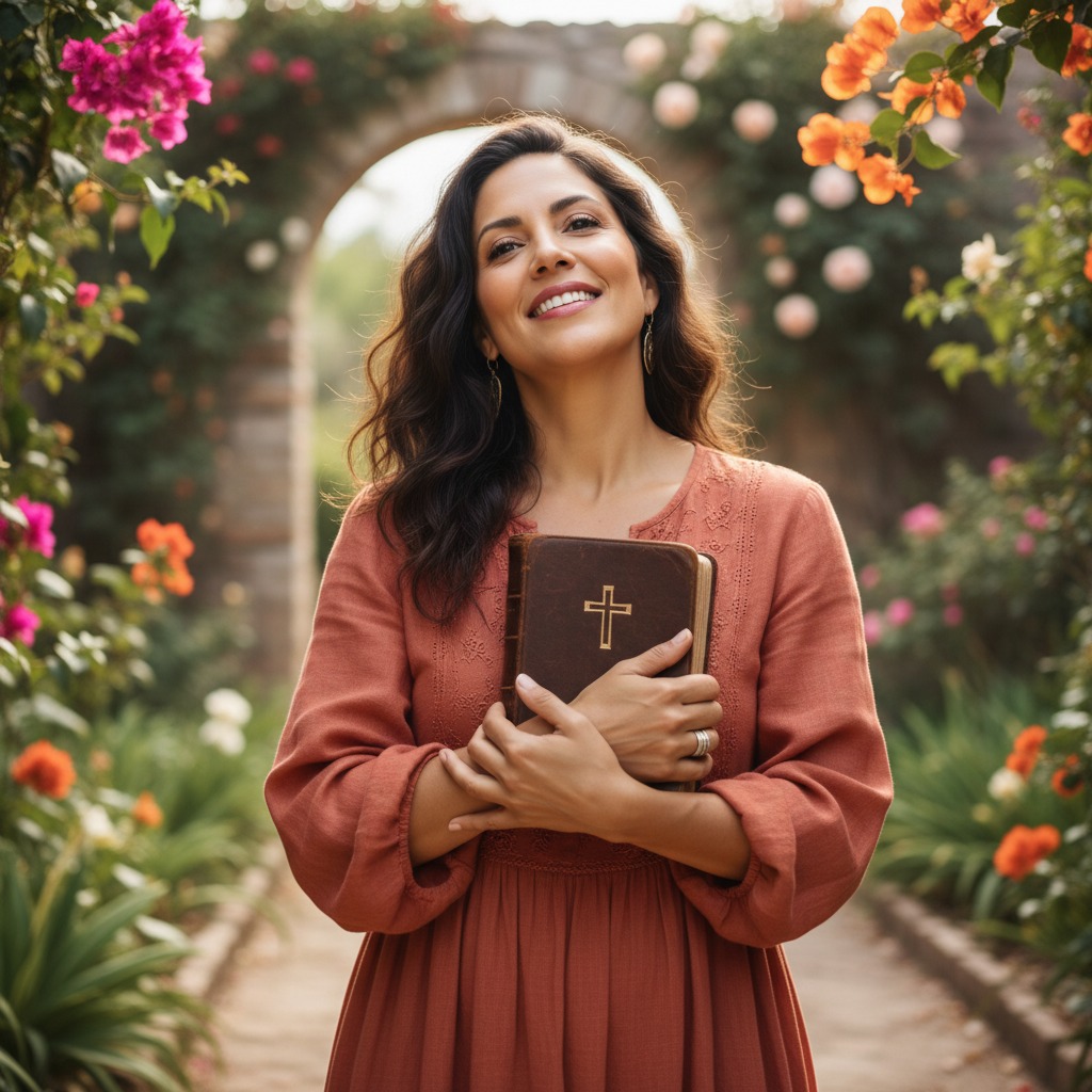 Confident Christian woman holding Bible symbolizing identity in Christ and biblical womanhood.

