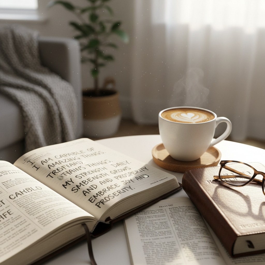 Journal with Christian affirmations beside Bible representing identity in Christ affirmation challenge.
