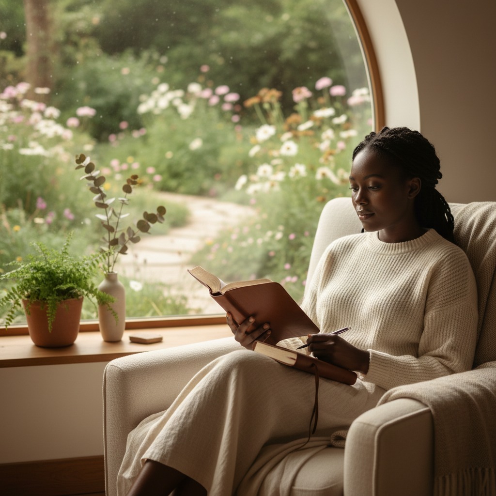 Christian woman reflecting with Bible and journal while rediscovering her identity in Christ.