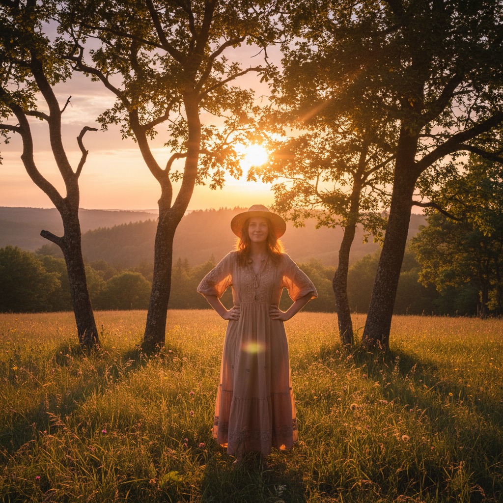 Christian woman standing confidently in nature representing identity in Christ and divine purpose.
