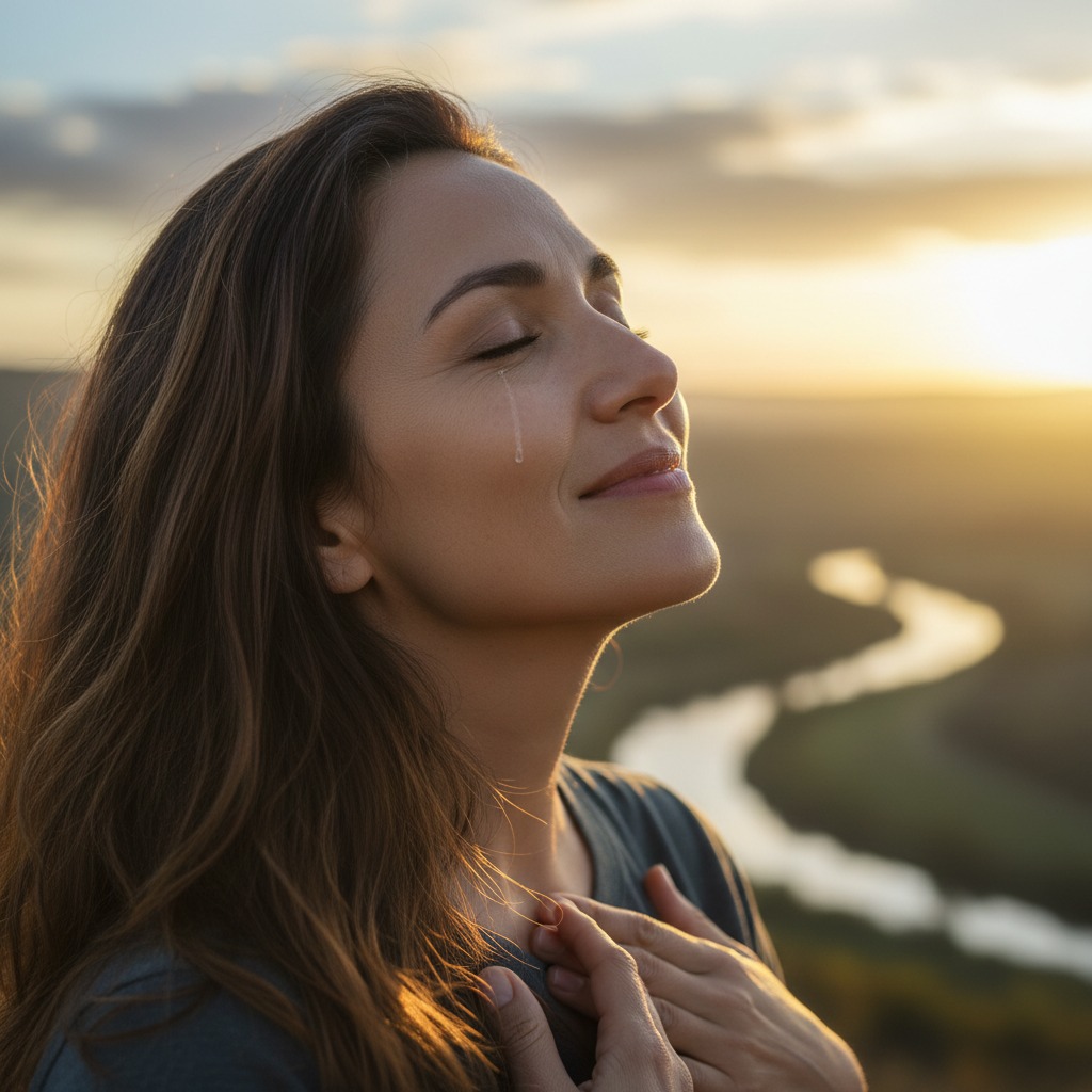 Woman looking upward with a peaceful expression, symbolizing being seen by God.